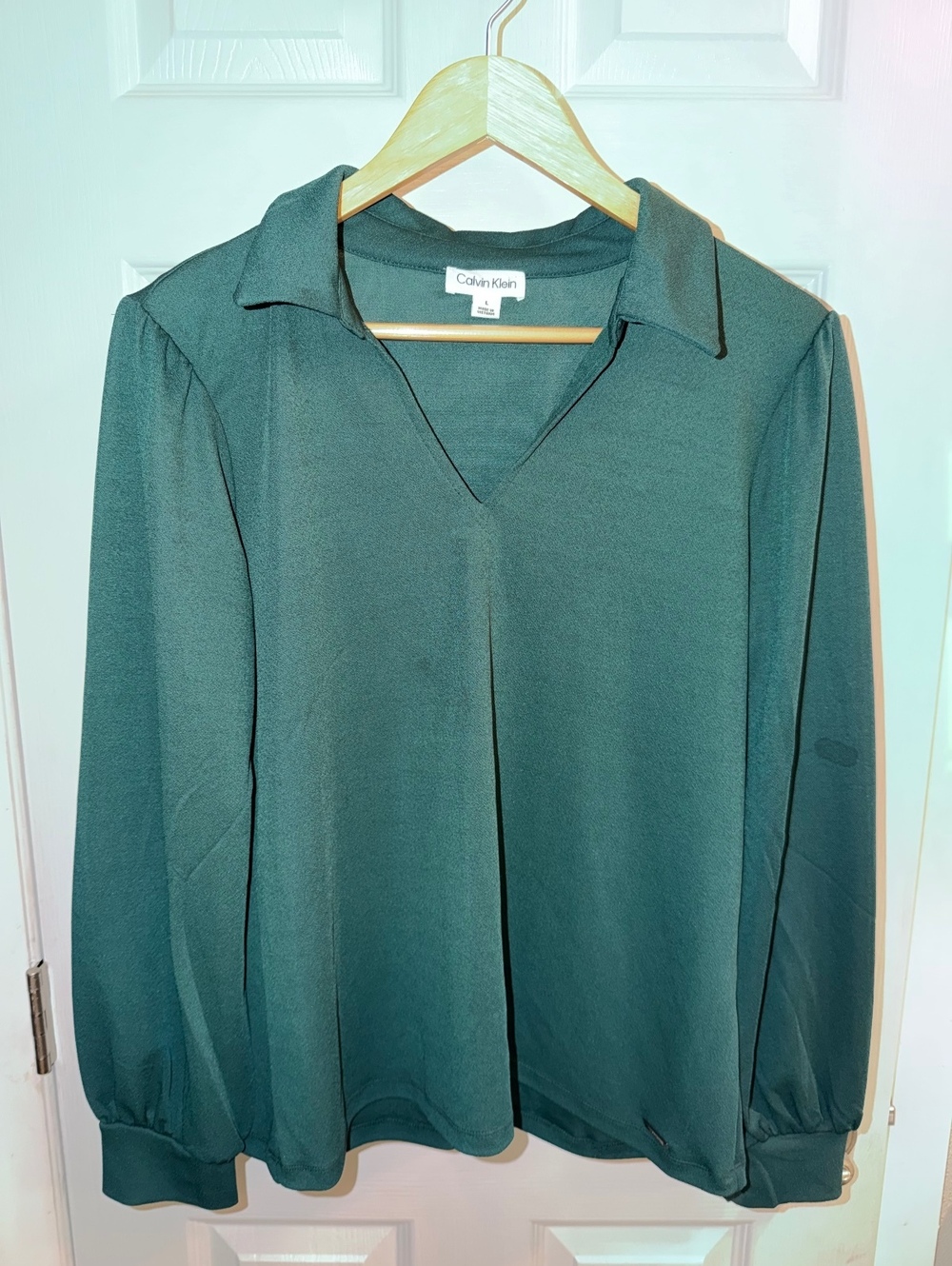 Calvin Klein Green Collared V Neck Long Sleeve Blouse Top Size L